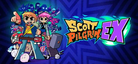 A vibrant and colorful illustration featuring a cartoon character with blonde hair, wearing sunglasses, a yellow shirt, blue jeans, and red sneakers. He is holding a skateboard and has a pink-haired girl next to him who is also skateboarding. The background includes various other characters and elements related to skateboarding culture. The text "Scott Pilgrim EX" is prominently displayed in bold, stylized letters.