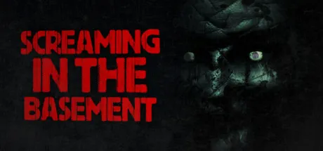 A haunting image of a screaming face in the basement, with eerie red eyes and dark shadows. The background is black, creating an atmosphere of fear and suspense. The text "SCREAMING IN THE BASEMENT" is written in bold red letters on the left side.