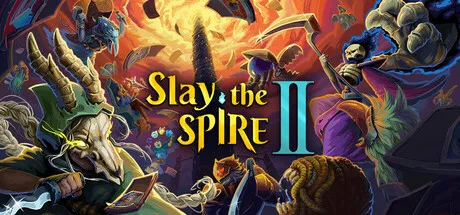 A fantasy-themed illustration featuring a variety of mythical creatures, including a goat-headed figure with a staff and a skeleton wielding a scythe. The background is ablaze with vibrant colors and dynamic elements, suggesting an epic adventure or battle. The title "Slay the Spire II" prominently displayed in bold, stylized text.