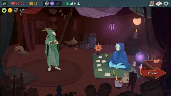 A mystical scene unfolds in a dimly lit room, where a figure draped in green robes stands before an individual cloaked in blue. The room is adorned with candles and various arcane items scattered around, creating an atmosphere of mystery and enchantment. A red arrow points towards the right, indicating progression or movement within this magical setting.