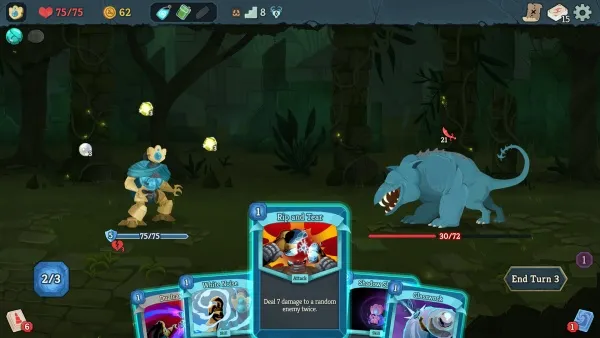 A fantasy card game scene with a player's character, a bear-like creature in blue armor, facing off against an enemy creature resembling a dinosaur. The player has 75 health points and 62 gold coins. There are several cards on the table, including "Sky and Storm" which deals damage to random enemy creatures. The environment is a dark forest setting with various elements like trees, plants, and glowing orbs. The player's turn is indicated as Turn 3, with options to end the turn or play cards.