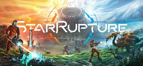 A futuristic battle scene with a large, central structure emitting beams of light. Two characters in combat armor wielding weapons, one with a sword and the other with a gun. A monstrous creature on the right side. The background features a cityscape with towering buildings and a dramatic sky. The title "Star Rupture" prominently displayed at the top. 