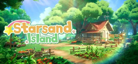 A serene and colorful virtual world with a cozy wooden cabin, surrounded by lush greenery, vibrant flowers, and a clear blue sky. The scene is set in a peaceful countryside environment, perfect for relaxation and exploration. The image features the title "Starsand Island" in playful, whimsical font, adding to the enchanting atmosphere of this virtual paradise.
