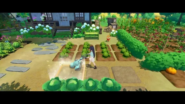 A woman in a garden, tending to plants with a watering can. The garden is lush and colorful, featuring various vegetables like cabbages and pumpkins. There are stone pathways and a small house in the background. The scene is vibrant and full of life, with a playful and whimsical atmosphere.