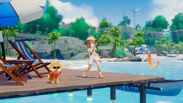 A cartoon character in a straw hat and summer dress stands on a wooden dock by the sea, holding a fishing rod. A golden retriever wearing sunglasses is sitting next to her. The background features a tropical beach scene with palm trees, clear blue skies, and a few wind turbines on distant hills. There's also a small boat floating nearby and a fish jumping out of the water. 