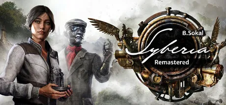 A woman in a gray jacket with short hair, holding an object, stands next to a man wearing a suit and hat. They are surrounded by a steampunk-style background with mechanical elements and a large gear-like structure. The text "Cyberia Remastered" is prominently displayed on the right side of the image.