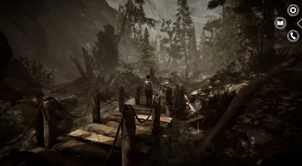 A lone figure stands on a wooden bridge in the heart of an ancient forest, surrounded by towering trees and misty air. The scene is shrouded in mystery, with fallen logs and ropes adding to the sense of adventure and exploration. The atmosphere is serene yet slightly eerie, inviting the viewer to imagine what lies beyond the next bend in the path.
