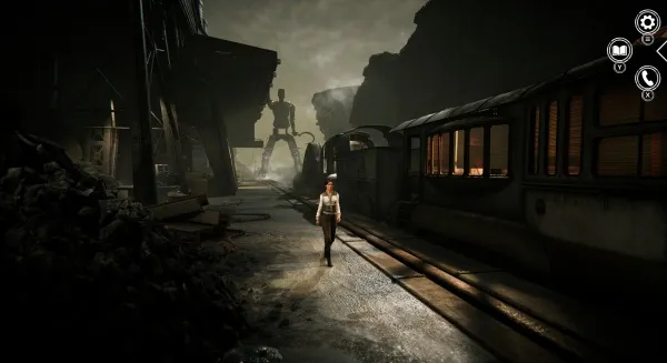 A lone woman walks down a desolate, post-apocalyptic street at night. The scene is shrouded in darkness with only the faint glow of train lights illuminating her path. A large, ominous figure looms in the background, adding to the eerie atmosphere. The setting sun casts long shadows across the broken buildings and debris-strewn ground, creating a sense of abandonment and decay. The overall mood is one of isolation and foreboding.
