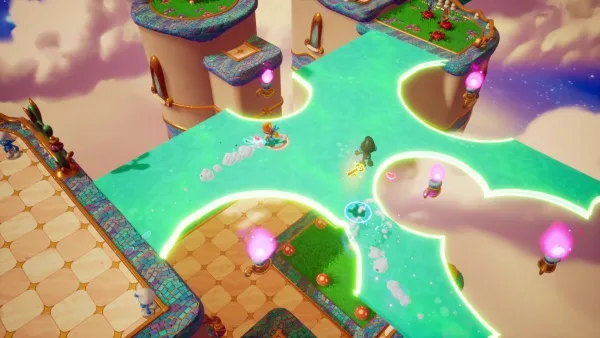 A whimsical, colorful video game scene featuring a character in blue and red attire navigating through a vibrant, floating island landscape with various platforms, enemies, and power-ups. The background showcases a dreamy sky with clouds and distant structures, creating an enchanting atmosphere.