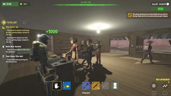 A post-apocalyptic scene with a group of survivors in a dimly lit room. The characters are wearing various outfits, including helmets and masks, suggesting they are prepared for danger. There is a to-do list on the left side of the screen, indicating tasks that need to be completed. The environment appears to be a safe house or base camp, with items like a desk, chairs, and a trash can visible. The time displayed at the top right corner suggests it's late evening or early morning. The overall atmosphere is tense and anticipatory, as if something significant is about to happen.
