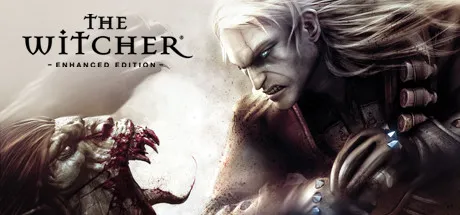 A battle between a white-haired man and a monstrous creature, with the man holding a sword. The background is dark and mysterious, with the title "The Witcher" prominently displayed at the top left corner.