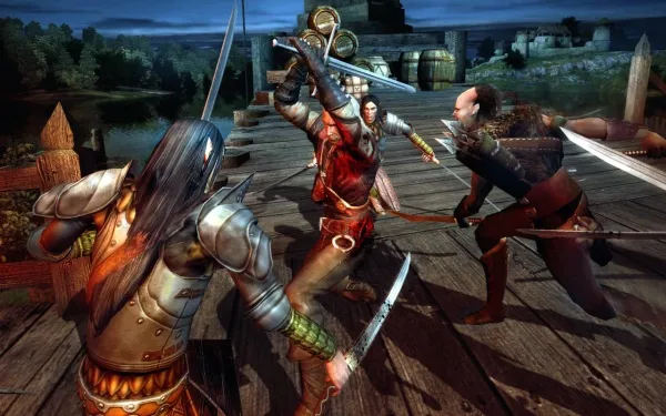 medieval warriors in combat, with one wielding a sword and shield, another brandishing a long spear, and a third holding a curved blade. The setting is a wooden dock by a serene lake at dusk, with a castle visible in the background. The scene captures the intensity of a historical battle. 