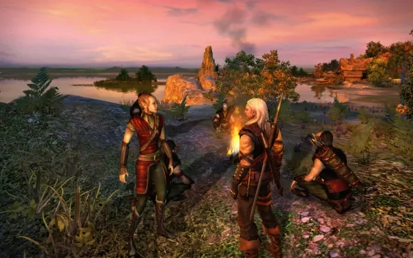 In a mystical, fantasy world at sunset, three characters stand on a rocky outcrop overlooking a serene lake. The character on the left is clad in red and green armor with a sword at their side, while the central figure wields a staff that emits a warm glow. To the right, another character crouches, holding a bow and arrow. The landscape is lush with trees and shrubs, and the sky transitions from pink to orange hues as the sun sets behind distant mountains.