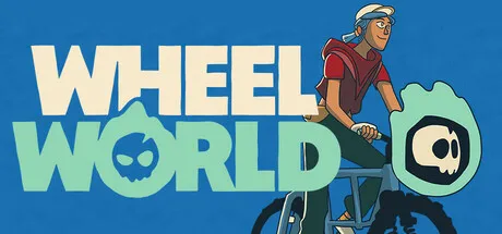 A young man with a backpack and cap riding a bicycle, featuring a skull emblem on the wheel cover. The background is blue with large white text "WHEEL WORLD" and a stylized green skull logo integrated into the lettering.