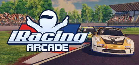 A high-energy racing game scene with a vibrant track, colorful cars, and cheering spectators. The logo features a stylized racer in motion, set against a backdrop of lush greenery and a clear blue sky. The game is titled "iRacing Arcade," emphasizing an exciting and arcade-style racing experience.
