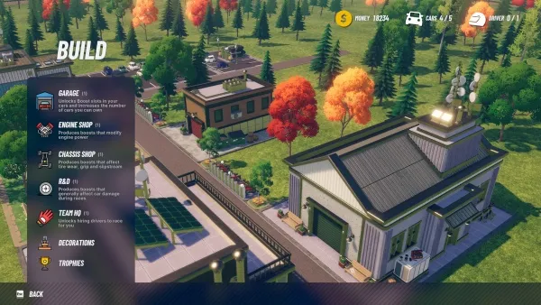 A video game screenshot showing a virtual garage and workshop with various buildings, trees, and vehicles. The screen displays options for building and upgrading structures such as a garage, engine shop, chassis shop, R&D lab, team quarters, and decorations. The player's currency is 1823, and they have 4/5 cars and 0/1 inventories. The scene is set in a rural area with autumn-colored trees.