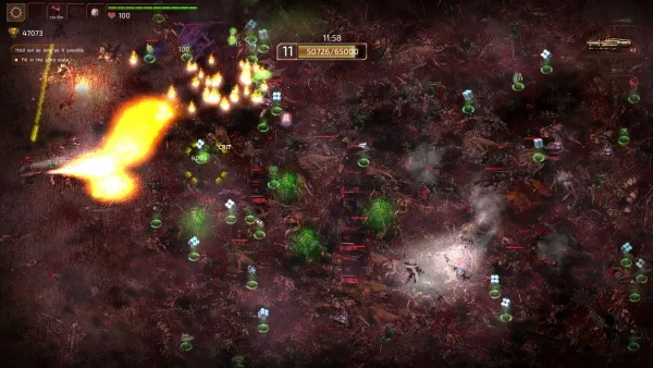 A chaotic scene from a real-time strategy game, featuring multiple units clashing on a dark battlefield. Bright yellow flames and green energy beams indicate intense combat, with various unit types engaged in battle. The top-left corner displays player resources and health bars, while the center shows a mini-map and numerical data indicating ongoing battles. The overall atmosphere is tense and dynamic, capturing the essence of strategic warfare.