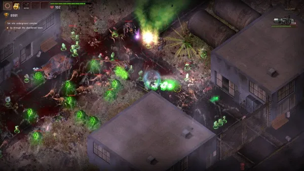 A top-down view of a post-apocalyptic urban scene with various green glowing creatures and zombies. The player's health is displayed at the top left corner, and there are buildings, cars, and other environmental elements in the background. The game interface includes a mini-map and other status indicators.