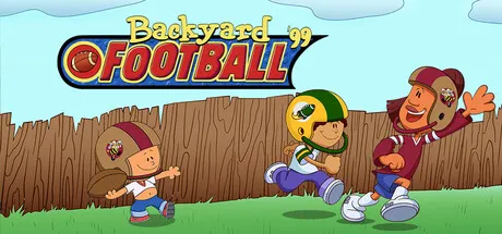 Three children playing backyard football, wearing helmets and jerseys, with a wooden fence in the background. The scene is set on a grassy field under a blue sky with clouds. The title "Backyard Football '99" is displayed at the top of the image. 