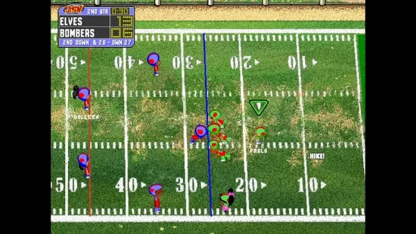 A video game screenshot of an American football match, showing the field with yard lines and players in motion. The scoreboard indicates that the Elves are leading the Bombers 14-0 in the second quarter with 2:00 remaining on the clock. The camera angle is from above, providing a top-down view of the play.