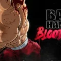 A muscular anime character with brown hair, wearing red pants and a white wristband, flexing his arm in a fighting stance. The background is black with the text "BAKI HANMA" and "BLOOD ARENA" in bold letters.