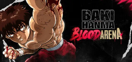 A muscular anime character with brown hair, wearing red pants and a white wristband, flexing his arm in a fighting stance. The background is black with the text "BAKI HANMA" and "BLOOD ARENA" in bold letters.