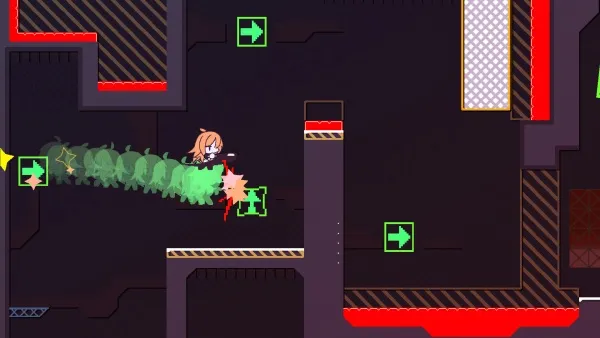 A pixel art style video game scene featuring a character with orange hair and a green aura, casting a spell or attack. The character is surrounded by various platforms and obstacles in shades of red, black, and gray. Green arrows indicate movement directions on the screen. A yellow star and a green gem are present as collectibles or power-ups. The background has a dark purple hue with some illuminated areas.