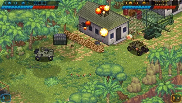 A pixel art scene from a top-down shooter game set in a tropical jungle environment. The scene includes military vehicles, explosions, and a small building with a green roof surrounded by palm trees and other vegetation. The player's health bar is visible at the top left corner, and there are various power-ups scattered throughout the level. The overall style is reminiscent of classic 16-bit video games.