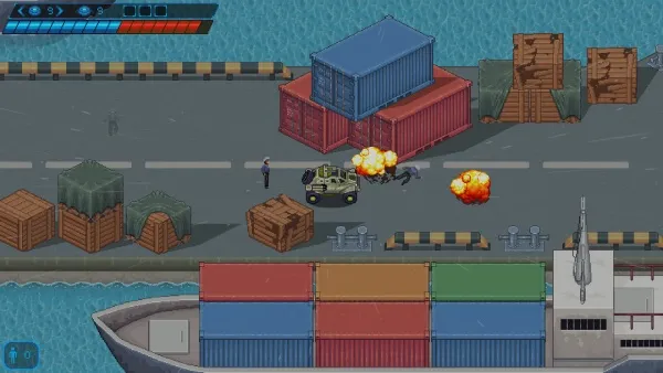 A pixel art scene depicting a military vehicle engaging in combat on a dock, with explosions and crates scattered around. The background features a ship and containers, while the top left corner displays a health bar and other game interface elements. 
