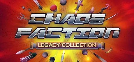 chaos faction legacy collection, futuristic weapons and tools, explosive background with bright colors, metallic text on a red and yellow gradient backdrop.