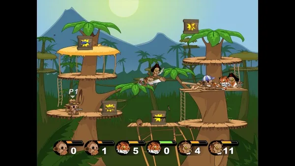 A cartoon jungle scene with a sunlit sky, featuring multiple platforms connected by ladders and ropes. Characters resembling monkeys are engaged in various activities such as climbing, jumping, and interacting with treasure chests. The background includes palm trees, mountains, and a setting or rising sun. The foreground displays health bars for each character, indicating their status in the game.