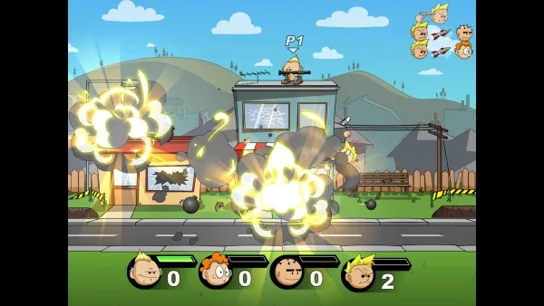 A cartoon-style video game scene with a character standing on top of a building, shooting at an explosion below. The background features a small town with houses and hills under a blue sky with clouds. There are four character portraits at the bottom with numbers indicating their health or score. A mini-map in the upper right corner shows multiple characters.