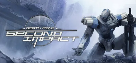 A futuristic robot standing amidst a desolate, icy landscape with ruins in the background. The robot is holding a large weapon and appears to be surveying its surroundings. The scene is set against a backdrop of towering ice formations and a cold, blue atmosphere. The text "Death Rising: Second Impact" is prominently displayed at the top left corner.