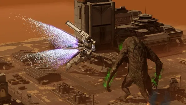 A futuristic battle scene on a reddish-brown planet, featuring a large humanoid creature with green energy emanating from its hands facing off against a sleek, white and gray mecha-like vehicle that is firing bright purple energy blasts. The background includes a sprawling industrial complex with various buildings and structures under an orange sky.