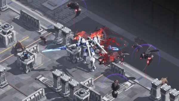 A futuristic battle scene with a large robot at the center, surrounded by smaller robotic units and enemy drones. The robot is firing a blue energy beam while being attacked by red energy blasts from the surrounding enemies. The setting appears to be an industrial or urban environment with concrete structures and machinery. The image has a high-tech, sci-fi aesthetic with a focus on action and combat.