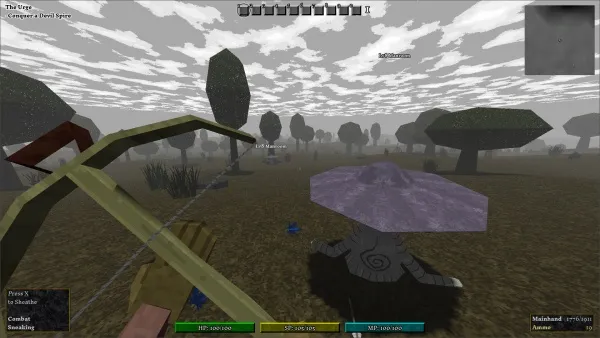 A first-person perspective of a character in a video game holding a bow and arrow, with a mystical forest setting featuring large trees, a stone structure, and a cloudy sky. The player's health and mana bars are visible at the bottom, along with an inventory bar at the top. The scene is from "The Elder Scrolls: Construction Set," showcasing a custom-made environment.
