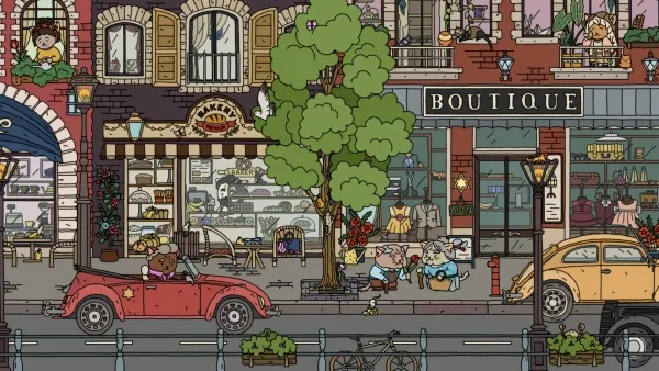 A whimsical, colorful street scene featuring anthropomorphic animals in a quaint town. The image includes a red convertible with a bear driver and a yellow taxi with a cat driver. There's a boutique, a bakery, and various shops lining the street. Animals are seen engaging in human-like activities such as shopping, dining, and socializing. The architecture is European-style with brick buildings, large windows, and decorative elements like awnings and flower boxes. The overall atmosphere is cheerful and lively.