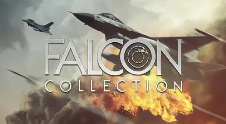 A dramatic scene featuring fighter jets flying over a backdrop of explosions and smoke, with the text "FALCON COLLECTION" prominently displayed. The image conveys action, intensity, and military themes.