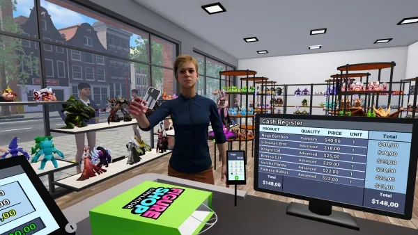 A woman standing behind a counter in a toy store, holding a smartphone. The store has large windows with a view of the street outside and shelves filled with various toys. A cash register screen displays a list of items being purchased, including "Action Figures," "Dolls," and "Toys." There is also a green box on the counter with colorful text that reads "My Store." 