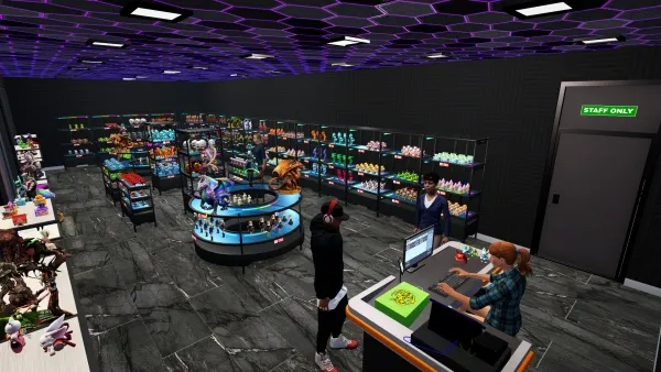 A futuristic store interior with a variety of colorful products on display, including toys and collectibles. The floor is gray with a hexagonal pattern, and the ceiling has purple lighting. There are three people in the scene: one standing at the counter, another behind it, and a third person browsing the shelves. A "Staff Only" door is visible in the background.