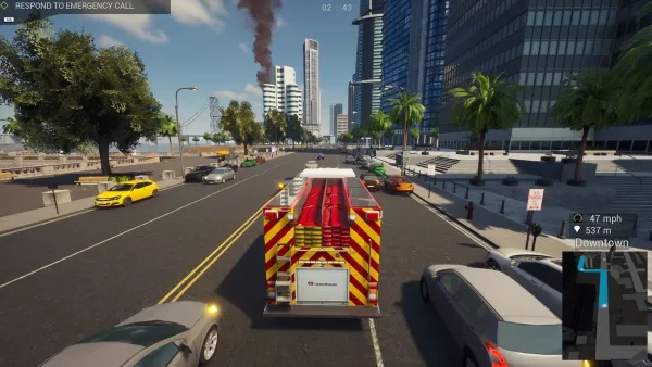 A cityscape scene with a fire truck driving down a busy street, surrounded by various vehicles including cars and taxis. The background features tall buildings, palm trees, and a clear blue sky. There is smoke rising in the distance, indicating an emergency situation. The game interface shows speed and distance information at the top right corner.
