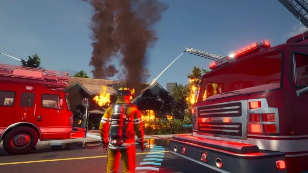 A firefighter in full gear stands between two fire trucks, with a house engulfed in flames and thick black smoke rising into the sky. The scene is set at night, highlighting the urgency of the emergency response.