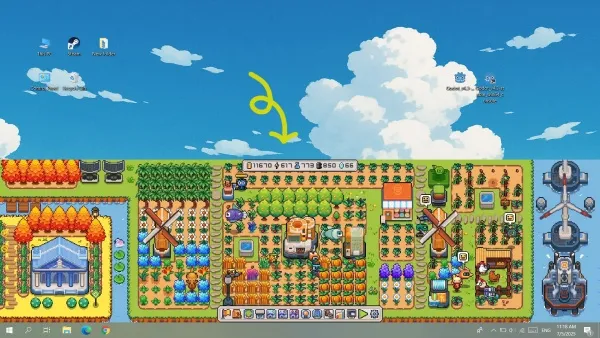A pixel art farm scene with a windmill, various crops, and buildings. The sky is blue with white clouds, and there are icons for weather, time, and other game elements at the top left corner. A yellow arrow points to the center of the farm.