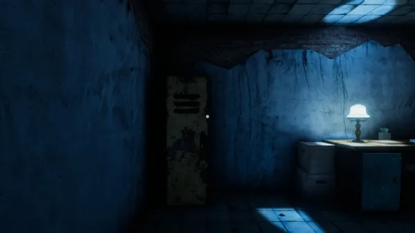 A dimly lit, abandoned room with a single desk and lamp. The walls are covered in peeling paint and the floor is made of cracked tiles. A rusted metal door stands open, revealing darkness beyond. The atmosphere is eerie and mysterious.