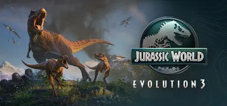 A dramatic scene featuring a large T-Rex and smaller dinosaurs in a prehistoric landscape, with the "Jurassic World Evolution 3" logo prominently displayed. The background includes flying pterosaurs, a volcanic eruption, and lush greenery.