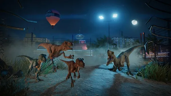A nighttime scene featuring a group of dinosaurs, including a prominent T-Rex and Velociraptor, in an urban setting with streetlights, buildings, and a hot air balloon. The atmosphere is eerie and mysterious, with fog and moonlight adding to the dramatic effect.