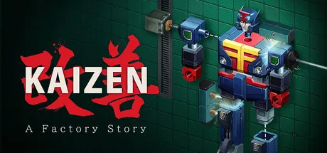 A robot with a red, blue, and yellow color scheme is featured prominently in the center of the image. The background consists of green tiles arranged in a grid pattern. There are some mechanical parts scattered around the robot. The text "KAIZEN" is written in large white letters on the left side of the image, while "A Factory Story" is written in smaller white letters below it.