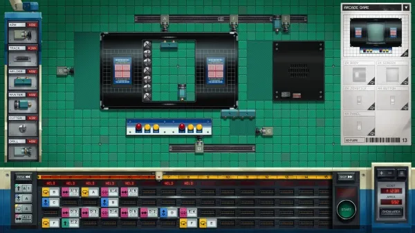 A pixel art style video game interface with a top-down view of a factory or workshop. The scene includes various machinery and equipment, such as conveyor belts, control panels, and robotic arms. There are also inventory slots on the left side and a crafting grid at the bottom. The right side features a schematic viewer displaying different components and their connections. The color palette is primarily green, black, blue, yellow, and red.