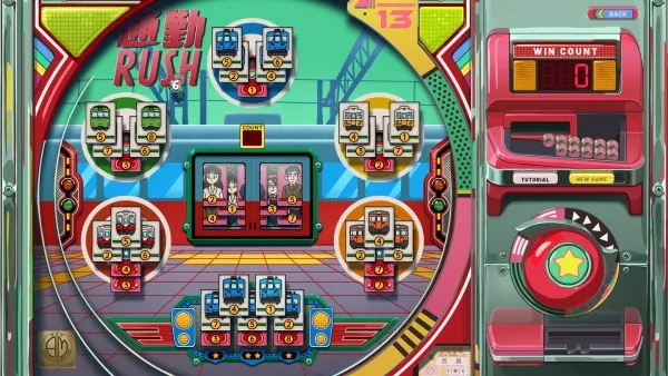A vibrant arcade game machine with a retro-futuristic design, featuring colorful buttons and screens. The central area displays multiple small screens showing animated characters in a cityscape setting. A large circular screen at the top reads "RUSH" in bold letters. On the right side, there's a panel with a win count display and a star-shaped button. The overall aesthetic is reminiscent of classic 80s video games.