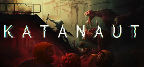 A dramatic and intense scene with a group of people in futuristic or post-apocalyptic attire, possibly engaged in combat or survival. The background features a large, menacing creature with sharp teeth and claws, set against an industrial or dystopian backdrop. The image is dominated by dark tones with red accents, creating a sense of danger and urgency. The word "KATANAUT" is prominently displayed across the center of the image in bold, white letters.